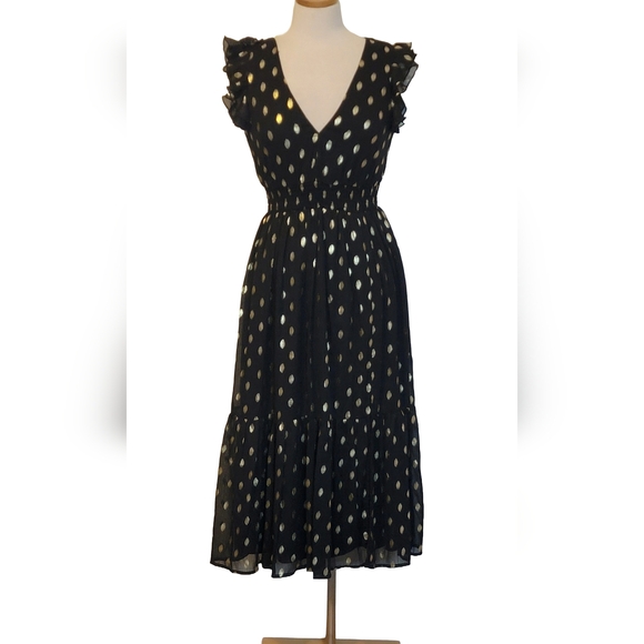 Lulus Sheer Metallic Polka Dot Ruffle Smocked Tie Cocktail Wedding Guest Dress - Picture 2 of 11